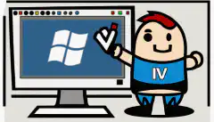 Imagen de dibujos animados de una persona que sostiene una memoria USB con el logotipo de Windows y una marca de verificación, de pie frente a una pantalla de ordenador con el logotipo de Windows.