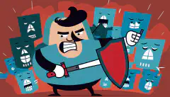 Imagen de dibujos animados de una persona con un escudo que bloquea varios ciberataques.