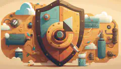 Una imagen de dibujos animados de un escudo que protege una tubería con un candado y una llave, rodeado de varias etapas de tuberías DevOps y herramientas de seguridad.