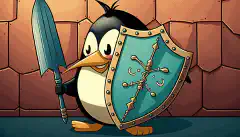 Un candado de dibujos animados sostiene un escudo con la palabra Linux, mientras una flecha rebota en el escudo.