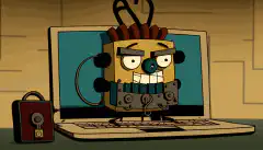 Un candado de dibujos animados protege un ordenador portátil, con un hacker al fondo.