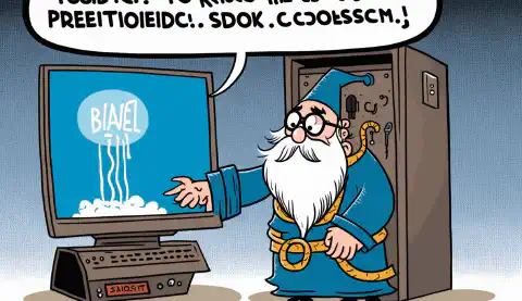 Una caricatura de un mago lanzando un hechizo para reparar una computadora congelada, con una burbuja de diálogo que dice Problema resuelto
