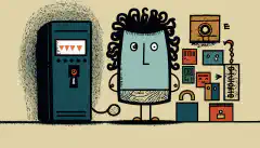 Una persona de dibujos animados delante de un ordenador, con el símbolo de un candado sobre su cabeza y diferentes tipos de factores de autenticación, como una llave, un teléfono, una huella dactilar, etc., flotando a su alrededor
