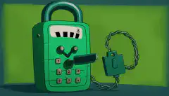 Un teléfono de dibujos animados con una pantalla verde y un candado, que simboliza la seguridad y el cifrado, con tonos DTMF representados en el fondo