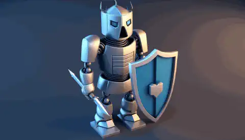 Un robot de dibujos animados monta guardia frente a un escudo virtual, simbolizando el uso del aprendizaje automático en ciberseguridad.