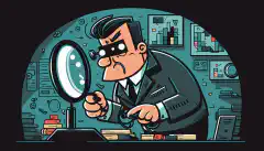 Un analista de seguridad de dibujos animados sostiene una lupa y busca ciberamenazas ocultas en la pantalla de un ordenador.