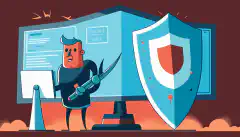 Imagen en estilo de dibujos animados de una persona de pie con un escudo delante de la pantalla de un ordenador, protegiéndola de diversos ciberataques como malware, virus, phishing e intentos de pirateo.