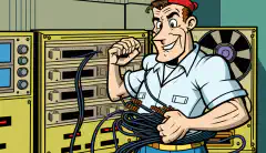 Un técnico de dibujos animados sostiene una ONT COTS con un cable de fibra al fondo.