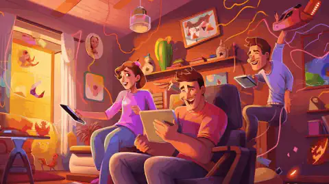 Una colorida ilustración de dibujos animados que muestra a una familia feliz en casa, rodeada de varios dispositivos conectados a T-Mobile Home Internet.