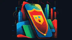 Una colorida ilustración de dibujos animados que muestra un dispositivo Google Pixel con un escudo que simboliza funciones mejoradas de privacidad y seguridad.