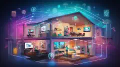 Una ilustración colorida que muestra un hogar con señales WiFi extendiéndose por todas las habitaciones, simbolizando la cobertura y conectividad de un sistema WiFi mesh.