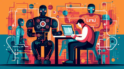 Una colorida ilustración de un probador humano y un probador robot trabajando juntos para probar aplicaciones de software.