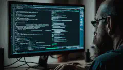 Un desarrollador sentado frente a su ordenador, escribiendo en su teclado con la CLI ChatGPT abierta en su terminal.