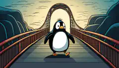 Un simpático pingüino Linux de dibujos animados camina confiado por un puente hacia un futuro lleno de éxitos.