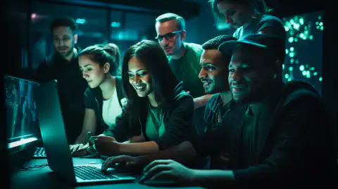 Un grupo de personas diversas que trabajan juntas para resolver retos de ciberseguridad en la Academia Hackthebox.