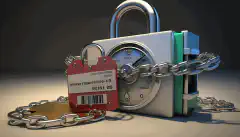 Un candado con una cadena que rodea un informe de solvencia, símbolo de la protección y la seguridad que ofrece la congelación del crédito contra el robo de identidad y el fraude