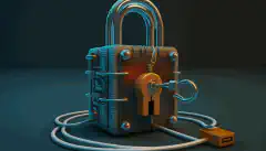 Un candado y una llave sobre un cable de red representan simbólicamente la Seguridad de Confianza Cero.