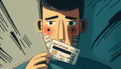 Una persona sostiene una tarjeta de crédito en una mano y un candado en la otra, con cara de preocupación, como si le preocupara la seguridad de su información personal.
