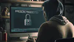 Una persona sostiene un candado delante de una pantalla de ordenador que muestra un mensaje que dice Protegido