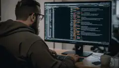 Una persona sentada frente a un ordenador, escribiendo código en una interfaz de línea de comandos con líneas de texto que se desplazan por la pantalla. 