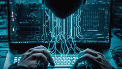 Una persona escribiendo en un teclado con un fondo de servidores informáticos y cables de red, representando el uso de PowerShell para operaciones de ciberseguridad y cumplimiento de normativas.