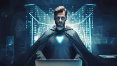 Un profesional con capa de superhéroe, frente a una pantalla de ordenador con un escudo que representa la ciberseguridad.