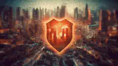 Un escudo con una marca de verificación y las palabras Cyber Resilient Infrastructure escritas en él, rodeado de píxeles que caen y un telón de fondo de una ciudad en llamas.