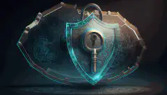 Un escudo con un candado y una llave simboliza la ciberseguridad, con una lupa encima que representa la gestión de riesgos.