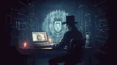 Imagen simbólica que representa a un hacker con sombrero negro y tecleando en un ordenador, mientras un escudo con candado protege una red en segundo plano.