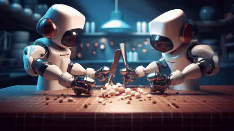 Una imagen simbólica que representa a las tres herramientas de automatización, Ansible, Puppet y Chef, enzarzadas en una competición amistosa.
