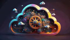Una vibrante ilustración animada en 3D de una nube con engranajes en su interior, que representa un entorno de nube híbrida y muestra la gestión eficiente y automatizada de la infraestructura de la nube.