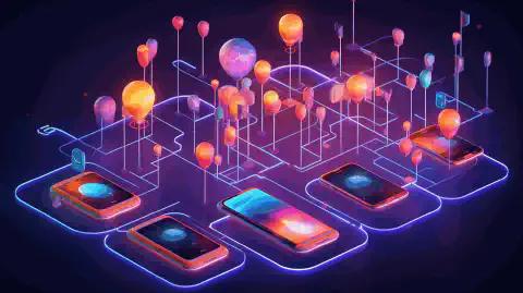 Una ilustración vibrante que muestra una red de dispositivos interconectados con la marca Helium Mobile, que simboliza el enfoque innovador y descentralizado de la conectividad móvil.