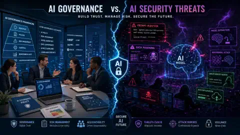 La imagen muestra una escena dividida: en un lado, profesionales en una oficina discutiendo documentos de gobernanza; en el otro, imágenes digitales caóticas que representan sistemas de IA bajo ciberataque, con colores vibrantes que resaltan el contraste.