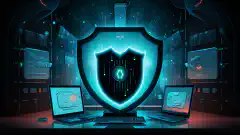 Ilustración animada que representa un escudo que protege un sistema informático de diversas ciberamenazas.