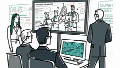 Una imagen animada de un grupo de empleados reunidos en torno a un ordenador o un experto en seguridad explicando conceptos de ciberseguridad en una pizarra.