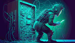 Imagen animada de un hacker que intenta entrar en un sistema informático protegido por cifrado RSA, pero fracasa al ver cómo un ordenador cuántico resuelve el cifrado en segundos en segundo plano.