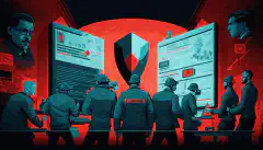 Imagen ilustrada de un equipo de profesionales de la ciberseguridad trabajando juntos para responder a un incidente de seguridad, con un icono de alerta roja de fondo que indica la urgencia de la situación. 