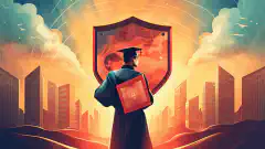 Ilustración de una persona sosteniendo un birrete de graduación con un escudo que representa la ciberseguridad, simbolizando la necesidad de educación y habilidades en el campo de la ciberseguridad. --aspecto 16:9