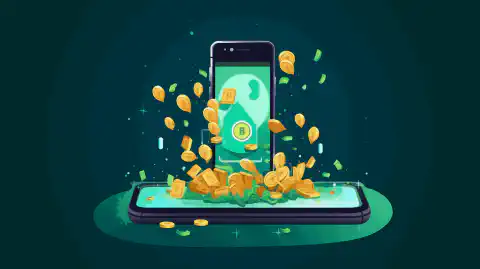 Ilustración de un smartphone del que sale dinero, que representa el concepto de ganar recompensas compartiendo recursos de Internet a través de la aplicación Earn.