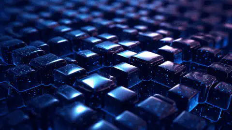 Imagen de bloques interconectados formando una cadena, que representa la tecnología blockchain.