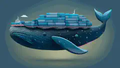 Imagen de un carguero con forma de ballena azul que transporta varios contenedores Docker