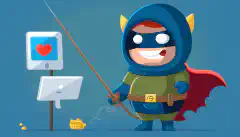 Una imagen de un personaje de dibujos animados con un traje de superhéroe y un escudo bloqueando una caña de pescar con un correo electrónico de phishing.