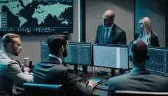 Una imagen de un grupo de profesionales de la ciberseguridad en una sala de juntas, trabajando juntos para garantizar la seguridad de los sistemas y datos de su organización.