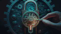 La imagen de una cerradura con engranajes simboliza el uso de la IA en la ciberseguridad, mientras que una mano humana sostiene una llave para ilustrar la supervisión humana.