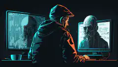 Una imagen de una persona sentada frente a un ordenador con expresión preocupada mientras en la pantalla aparece un hacker o ciberdelincuente, representando los peligros de las ciberamenazas y la importancia de la ciberseguridad