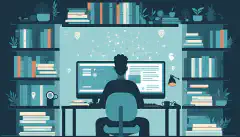 Una imagen de una persona sentada en un escritorio con un ordenador delante, rodeada de libros, recursos en línea y materiales de certificación, que simbolizan los distintos caminos para adquirir conocimientos y experiencia en ciberseguridad y administración de sistemas. 