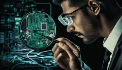 Imagen de un profesional de la seguridad examinando el funcionamiento interno de un dispositivo IoT, con varios componentes de hardware y placas de circuitos visibles. 
