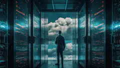 Una imagen de una sala de servidores con bastidores de servidores a un lado y una nube al otro, con una persona de pie en el centro mirando a ambos.