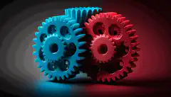 Una imagen de tres engranajes, de color rojo, azul y azul, entrelazados y girando juntos para simbolizar su integración y colaboración en la automatización de los procesos de ciberseguridad