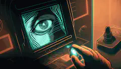 Ilustración animada de la mano de una persona que utiliza un escáner de huellas dactilares para acceder a una zona segura, con la cara y el iris de una persona también visibles en el fondo.